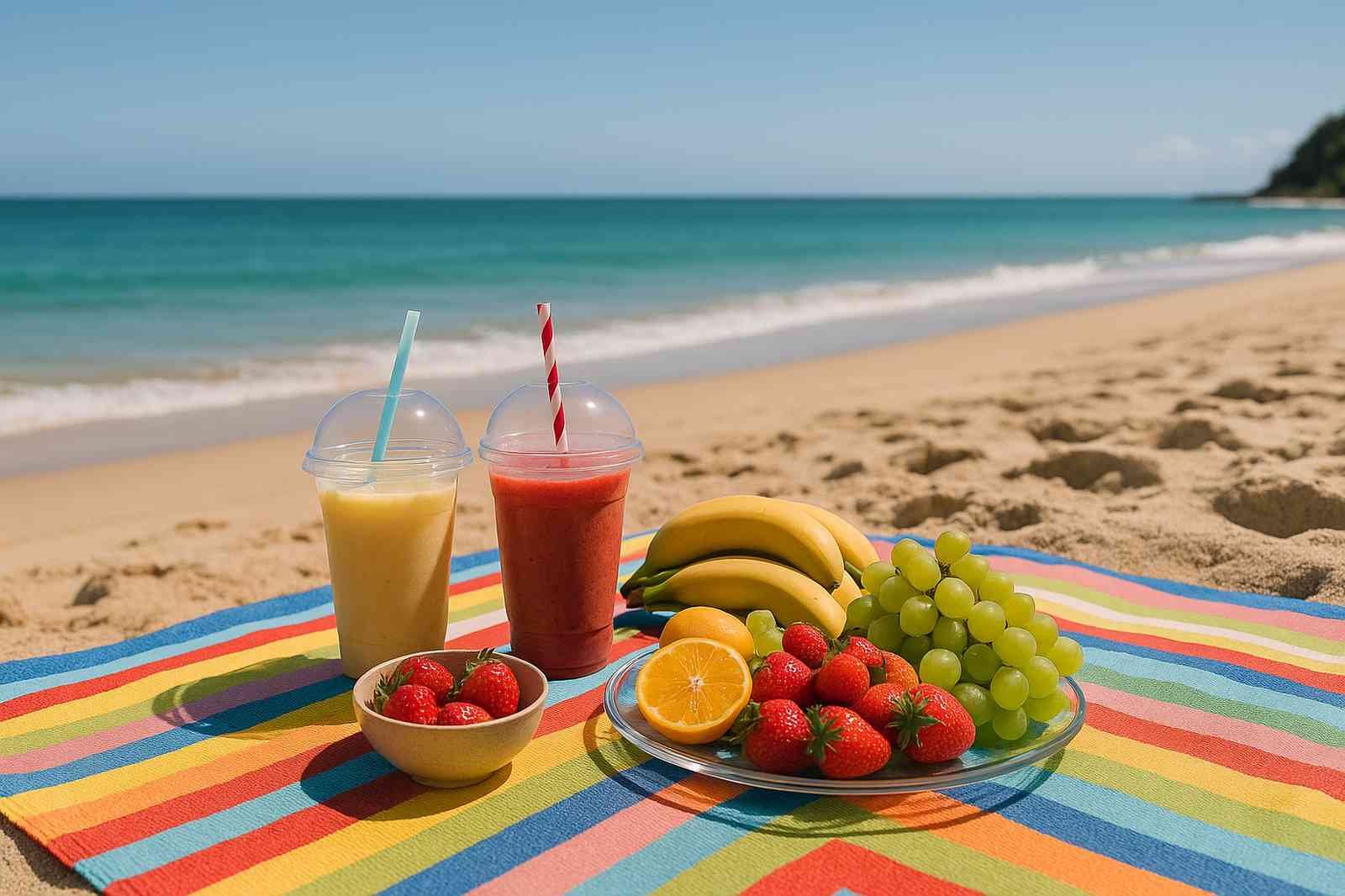 beach picnic local fruits and smoothies on sand | GPS: 49.307227, -122.758743