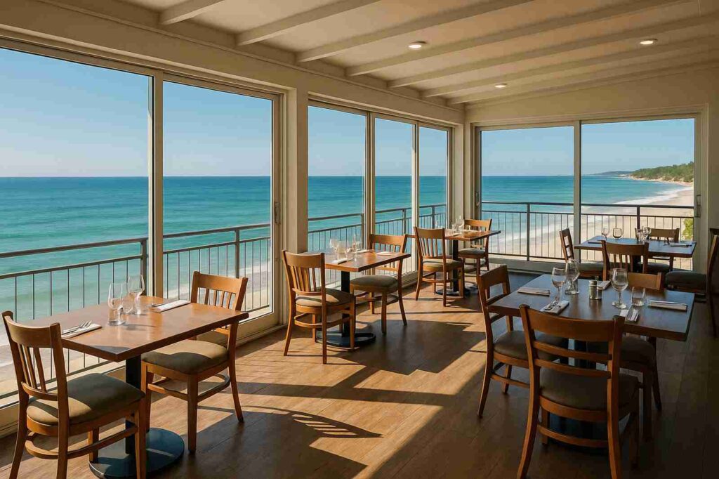 beachfront local restaurant interior with ocean view White Pine Beach BC Day Trip Ideas beachfront local restaurant interior with ocean view | GPS: 49.382415, -122.643480