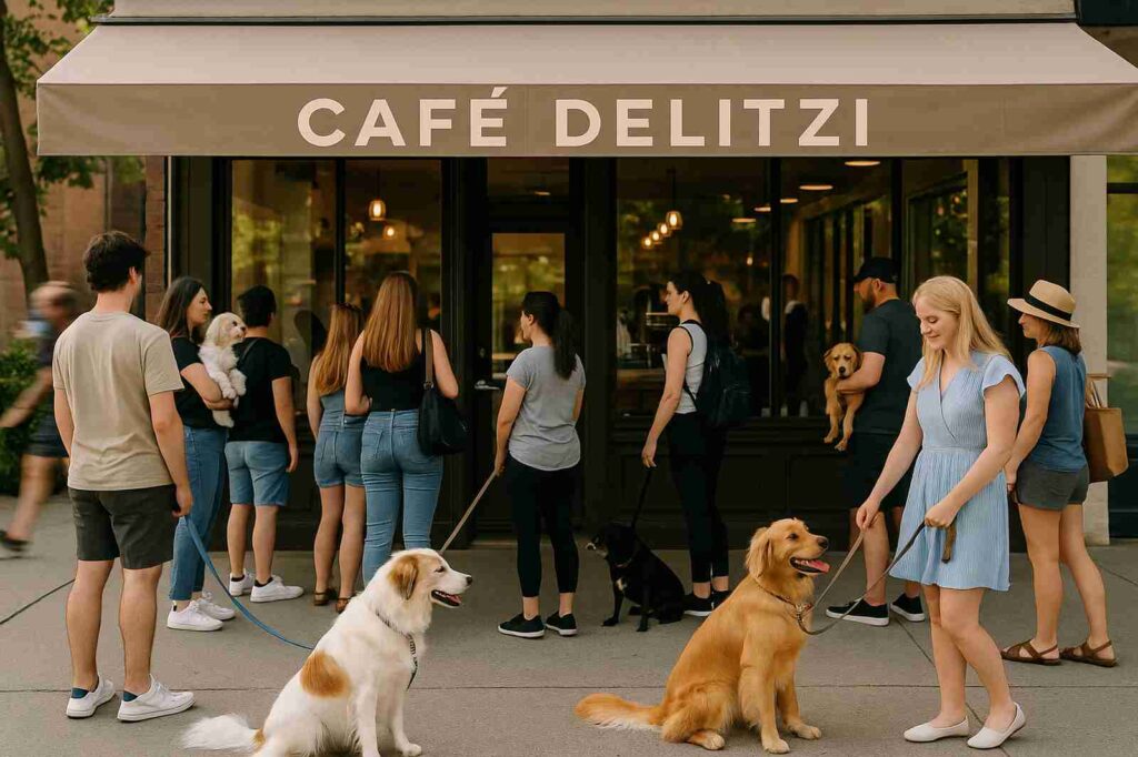 cafe delitzi coquitlam dogs and people in line | GPS: 49.329010, -122.725350