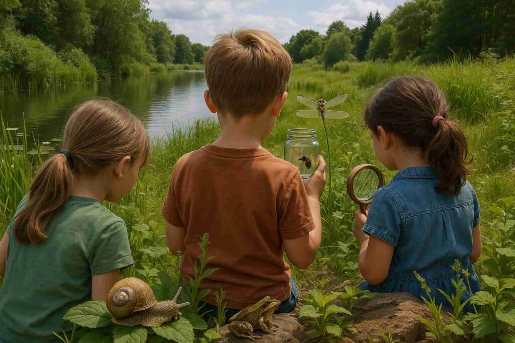 children exploring local wildlife near riverbank | GPS: 49.390515, -122.631063