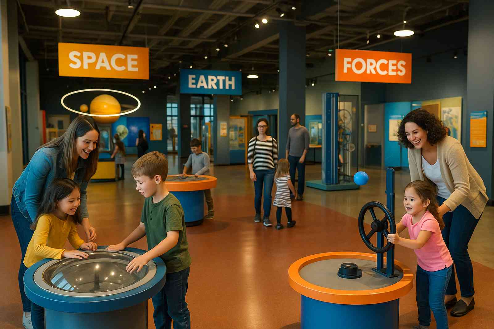 At a science center in Coquitlam BC, families are exploring interactive exhibits under "Space," "Earth," and "Forces" signs. Two children and a woman play with an exhibit in the foreground, while other families interact with displays in the background.
