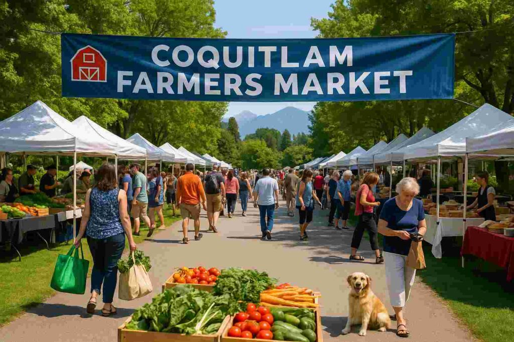 coquitlam farmers market summer produce and people | GPS: 49.305055, -122.762073