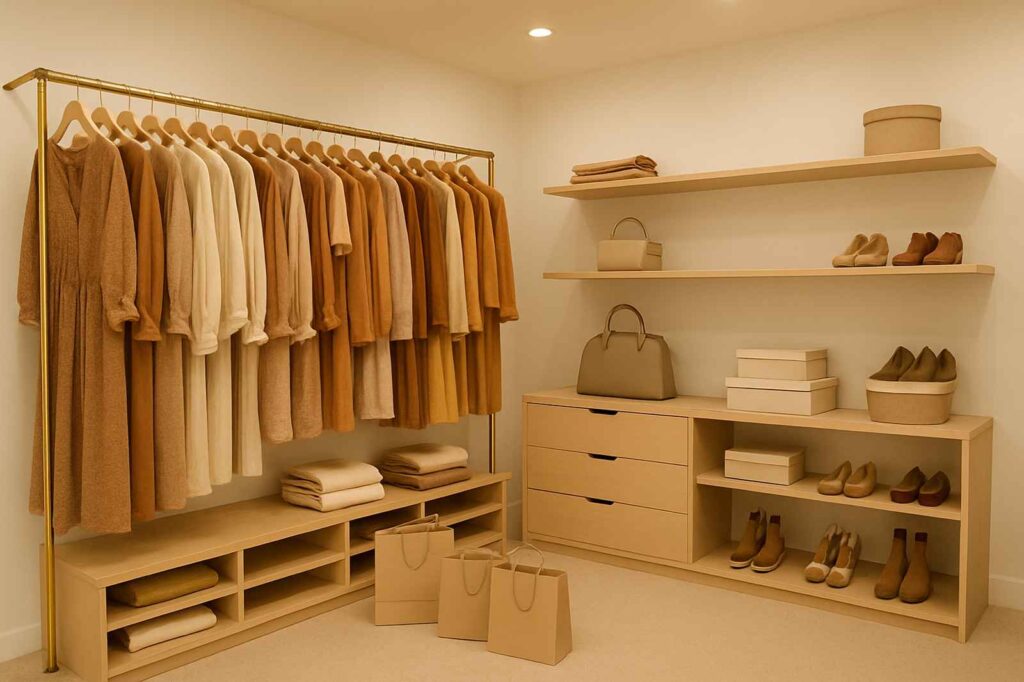 coquitlam modern closet with neutral tones and accessories | GPS: 49.299864, -122.770030