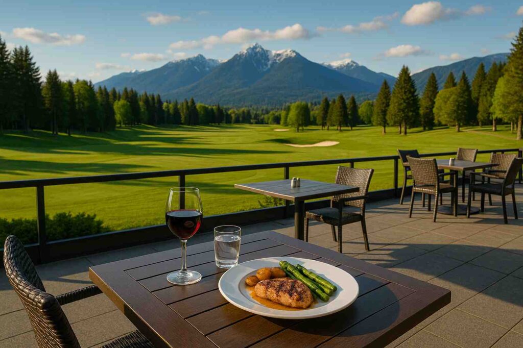 dining at local restaurant with mountain view | GPS: 49.395600, -122.623267