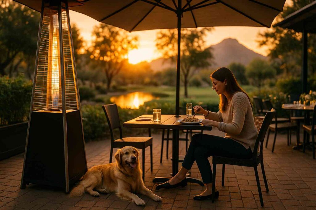 dining at sunset with local dog and woman | GPS: 49.290941, -122.783710
