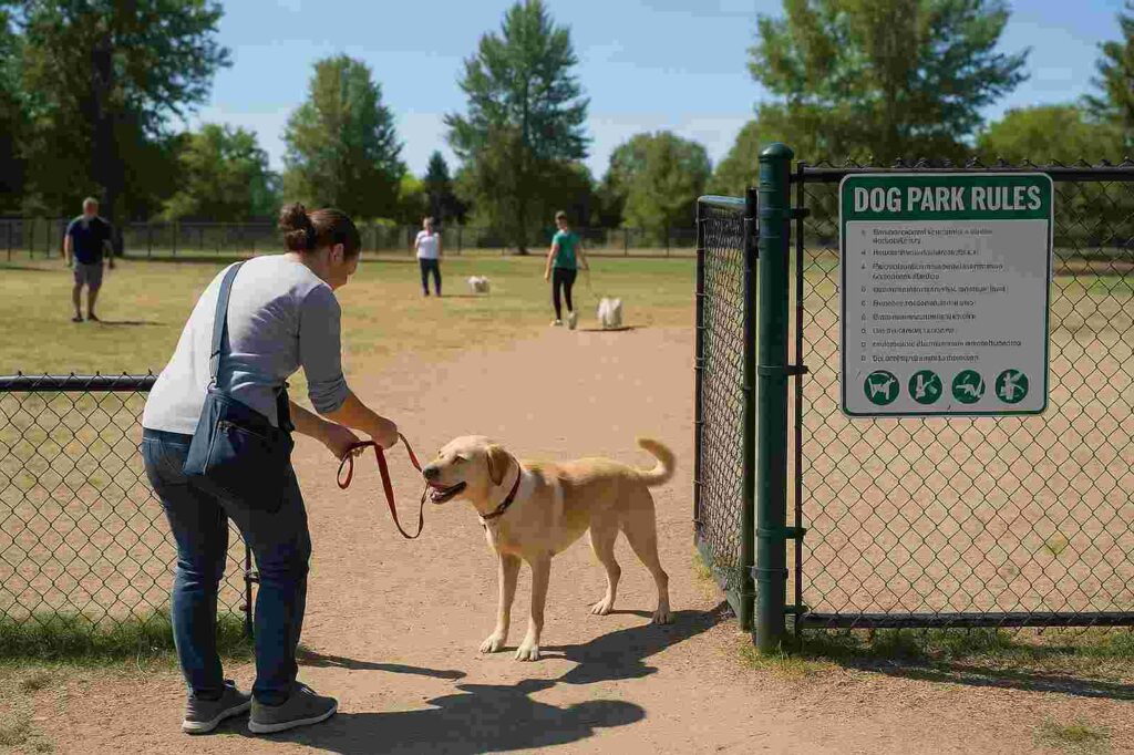 dog owner with labrador at coquitlam dog park | GPS: 49.368325, -122.665080
