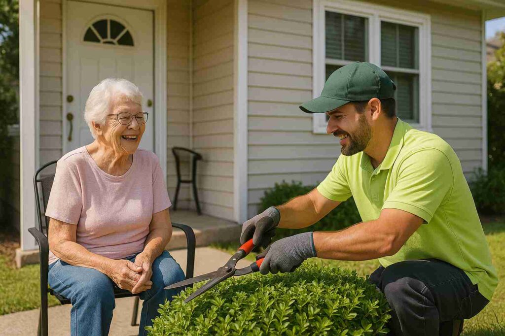 elderly woman smiling local gardening service hedge trimming | GPS: 49.287388, -122.789156