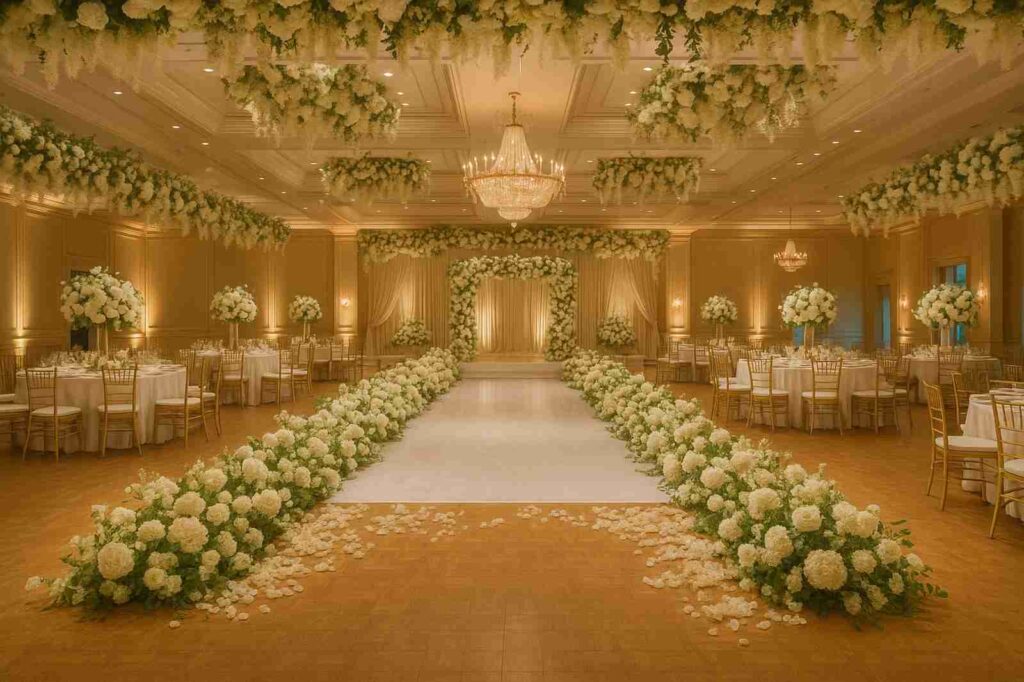 elegant local wedding reception with flowers and chandeliers | GPS: 49.325288, -122.731055