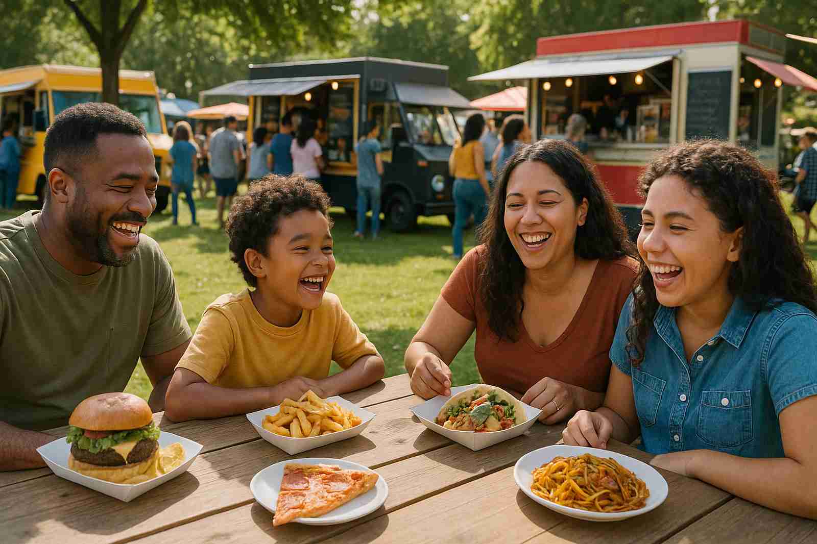 A family laughs while enjoying food truck fare at a picnic table during a sunny day in Coquitlam BC.