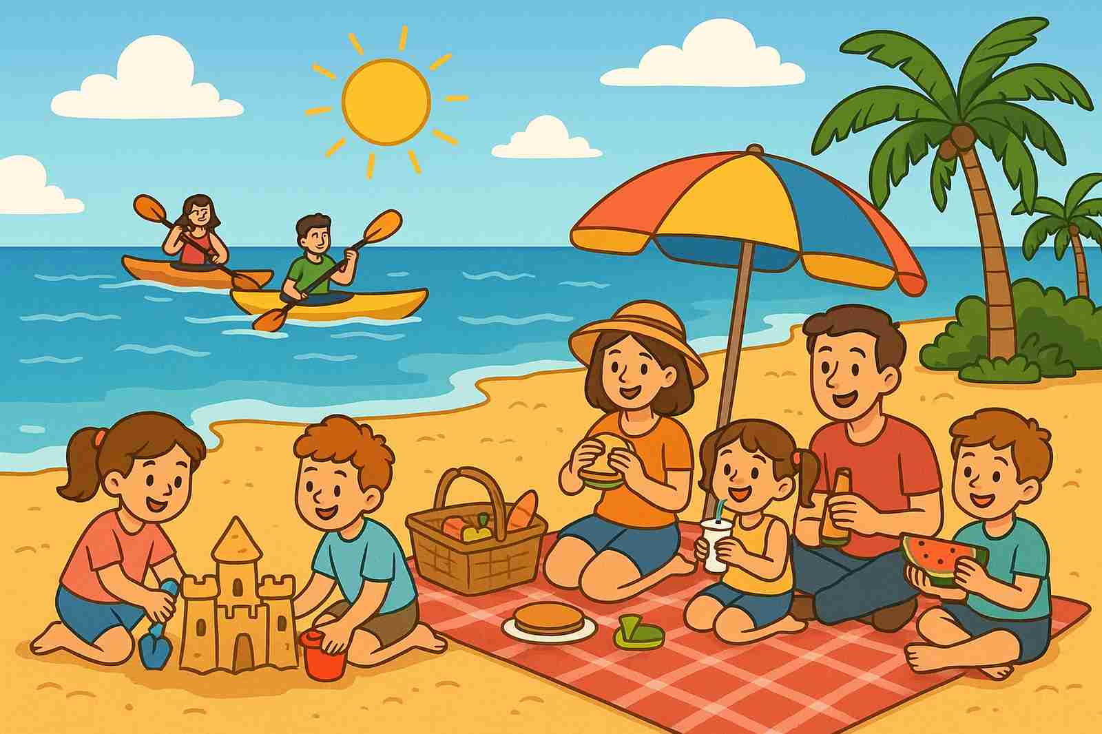 A cartoon family enjoys a beach picnic near Coquitlam BC, with children building sandcastles, a couple kayaking, and palm trees swaying.