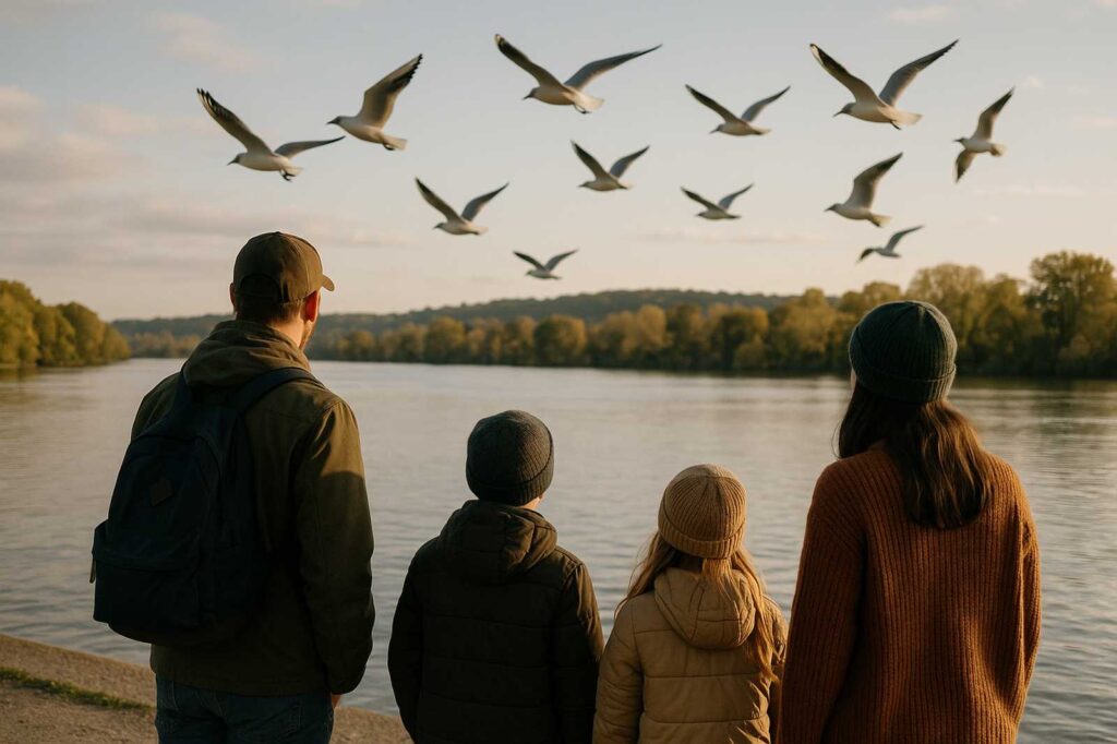 family watching birds over water coquitlam | GPS: 49.314198, -122.748057