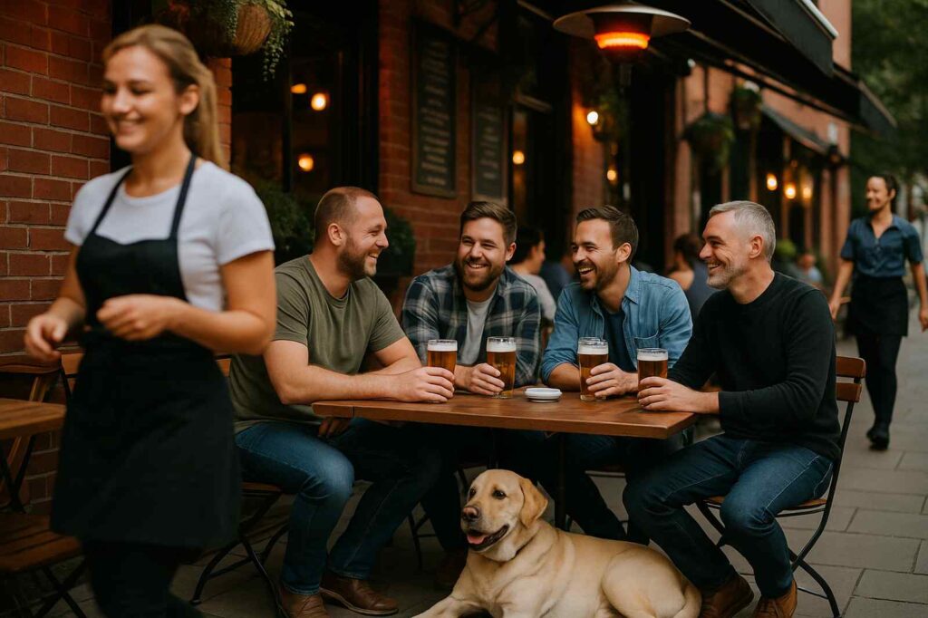 friends enjoying beers at outdoor table directory | GPS: 49.377074, -122.651668
