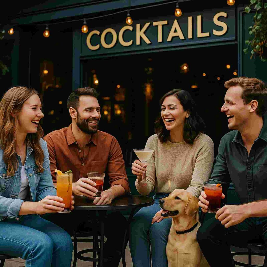friends enjoying cocktails with dog in coquitlam | GPS: 49.318235, -122.741868