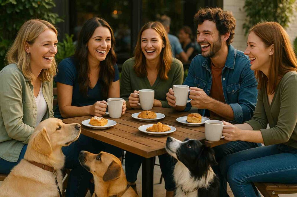 friends enjoying coffee with local dogs and baked goods | GPS: 49.375484, -122.654106