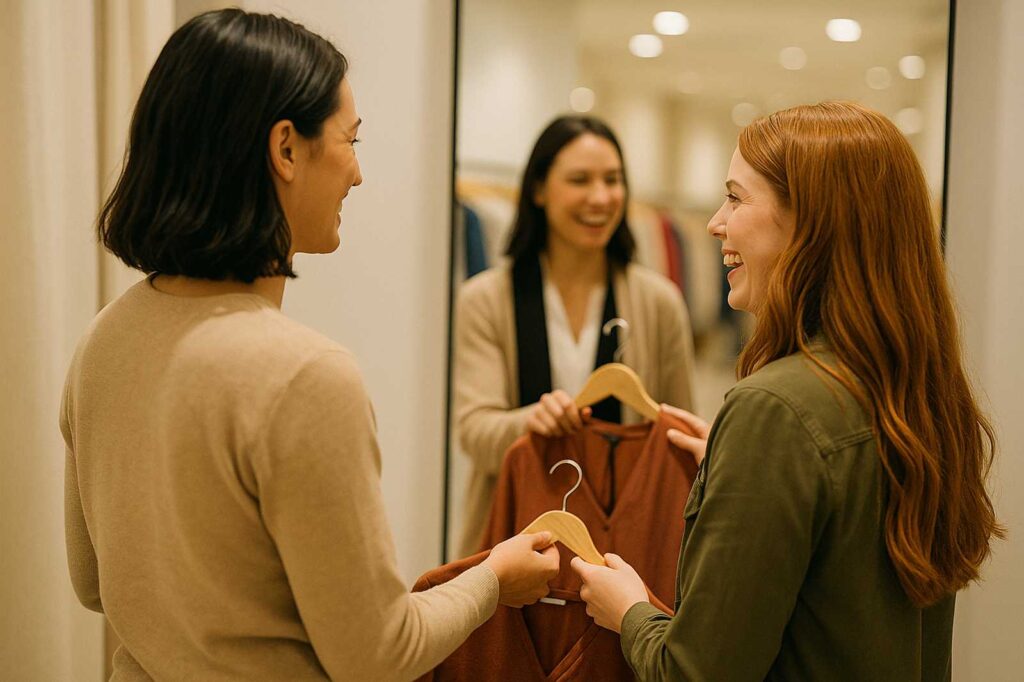 friends shopping coquitlam mirror reflection happiness | GPS: 49.295533, -122.776670