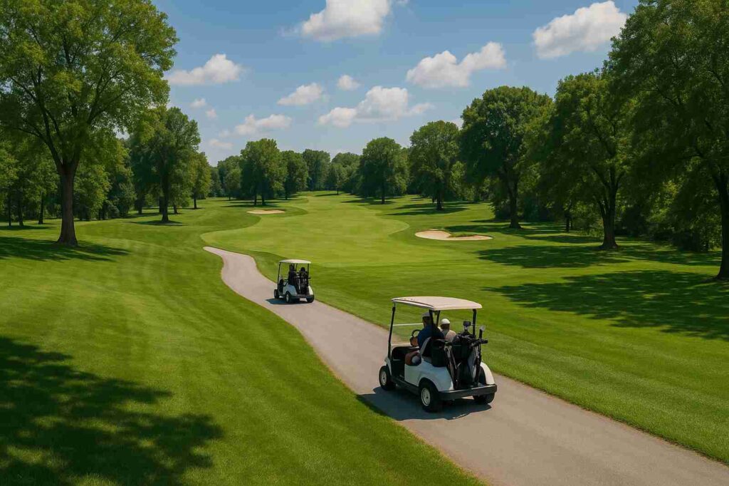 golf carts on path in golf course directory | GPS: 49.292985, -122.780576
