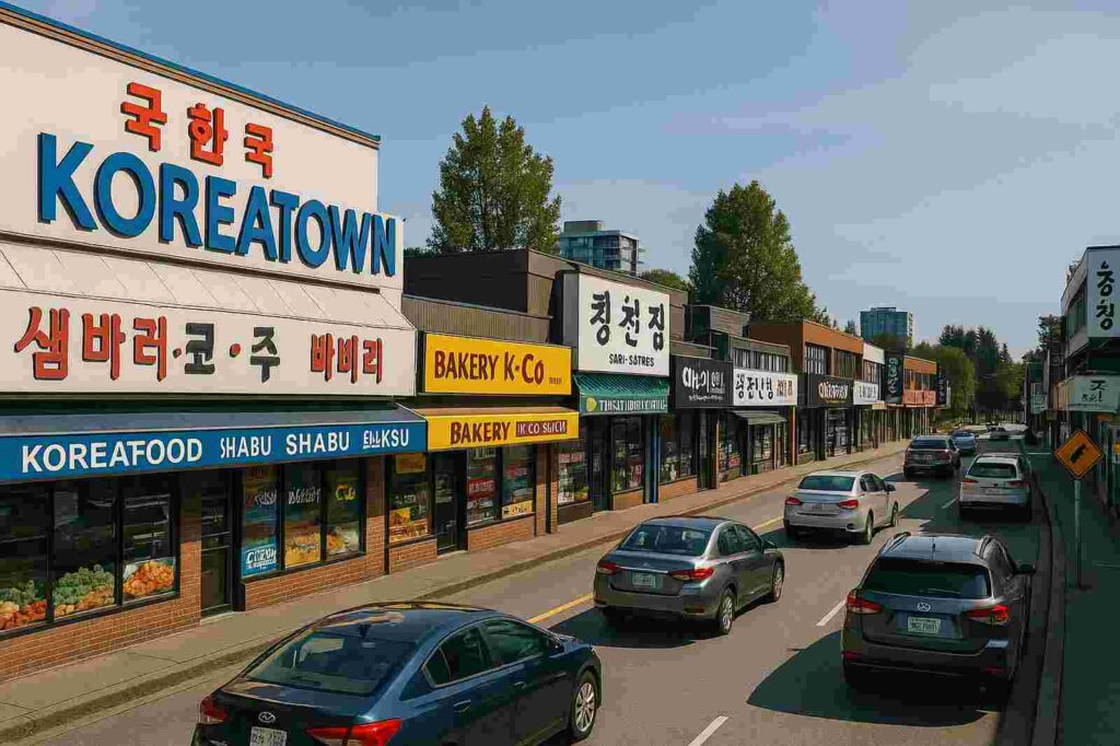 koreatown local bakery shops and traffic signs | GPS: 49.293420, -122.779910