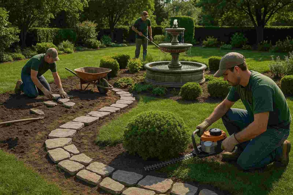 landscaping garden coquitlam workers at fountain | GPS: 49.320627, -122.738201