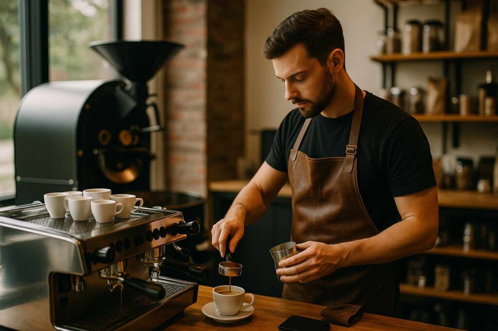 local coffee shop barista making espresso cup | GPS: 49.312946, -122.749975