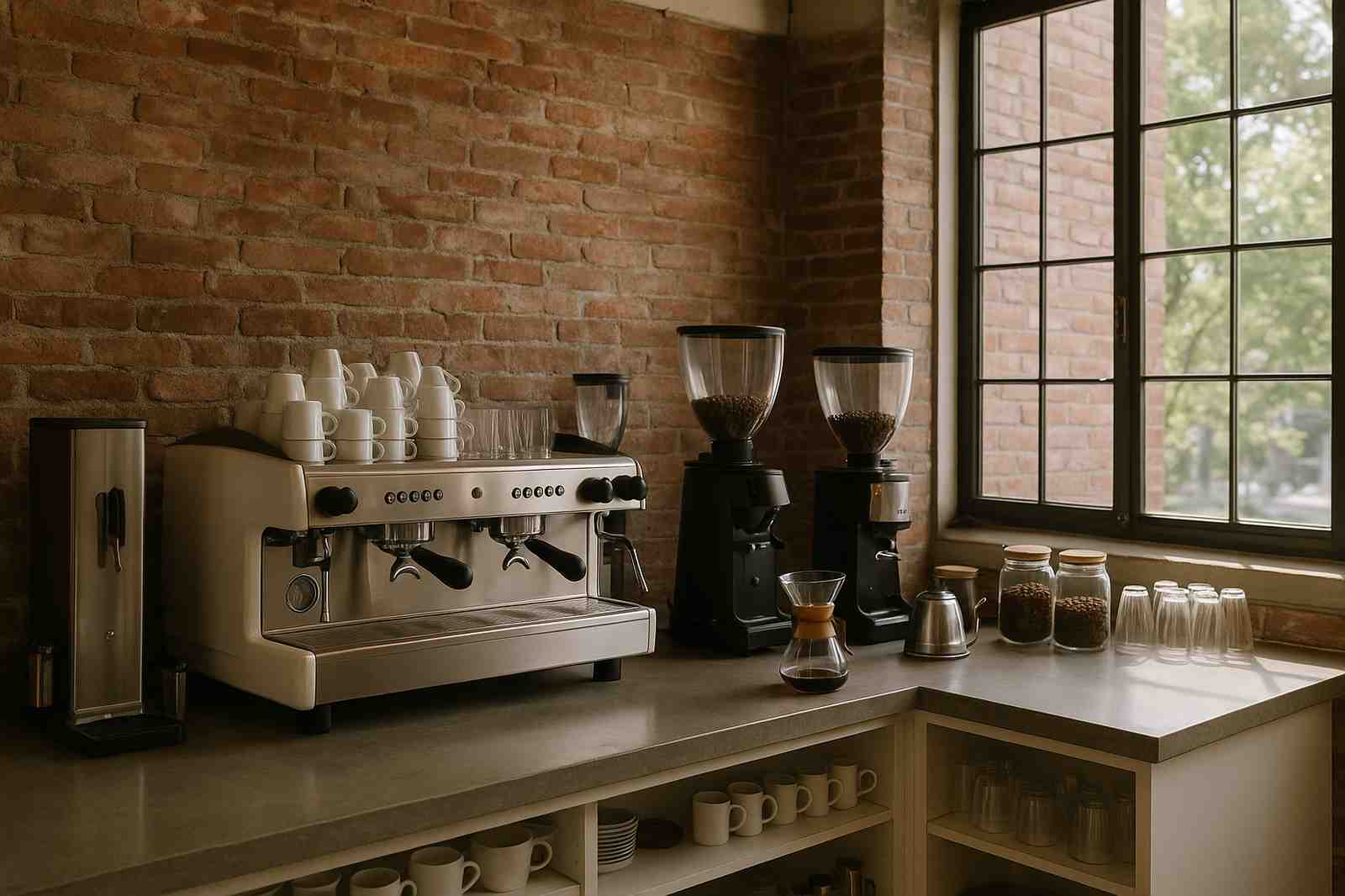 A barista setup in Coquitlam BC features an espresso machine, coffee grinders, coffee beans in jars, and stacked cups. A large window adds natural light to the brick-walled corner.