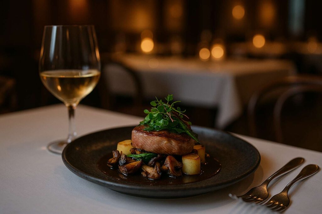 local fine dining dish with wine and mushrooms | GPS: 49.320623, -122.738207