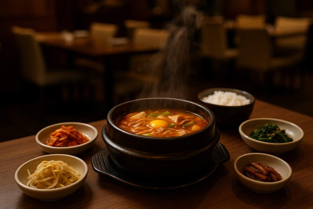 local korean soup with side dishes steaming hot | GPS: 49.383878, -122.641238