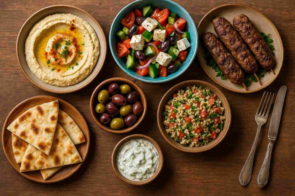 local mediterranean dinner with hummus salad and sausage | GPS: 49.297580, -122.773532