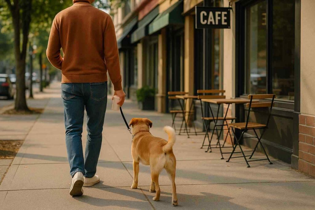 man walking dog outside cafe coquitlam | GPS: 49.391257, -122.629926