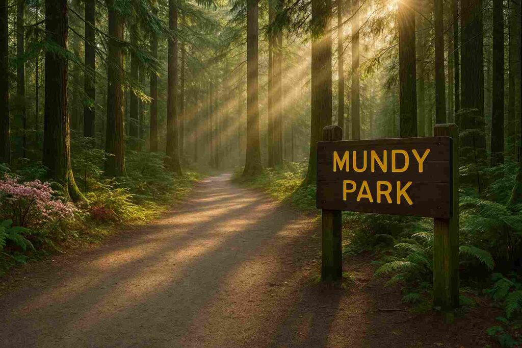 mundy park path in coquitlam forest sunlight rays | GPS: 49.302345, -122.766228