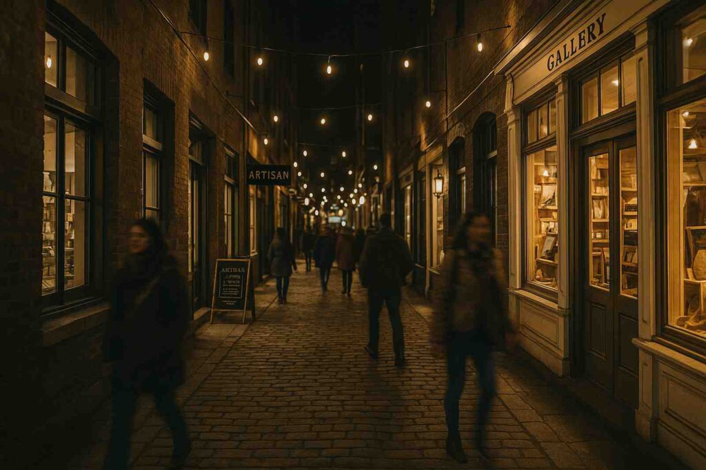 nighttime alleyway with lights directory | GPS: 49.374018, -122.656353