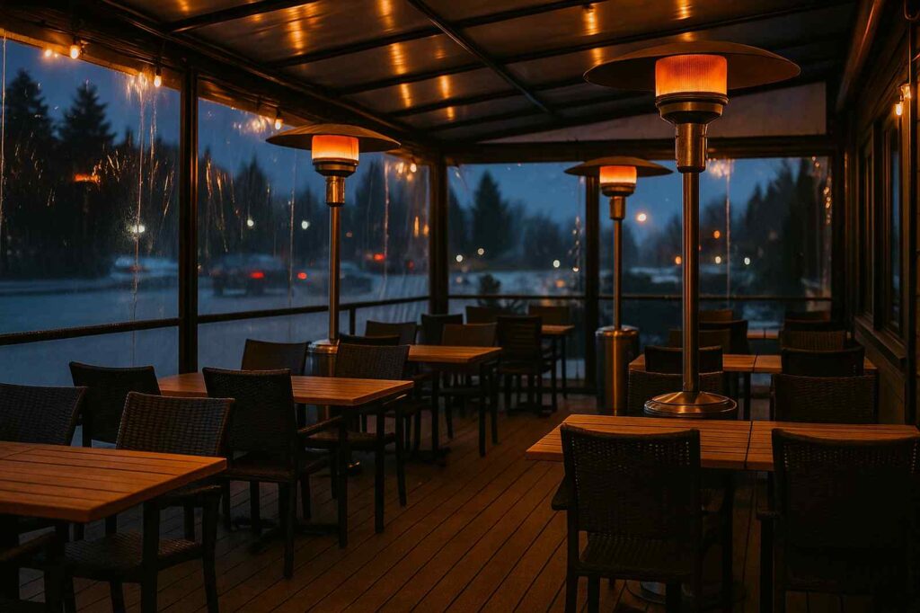 outdoor dining area at night with heaters directory | GPS: 49.365294, -122.669727