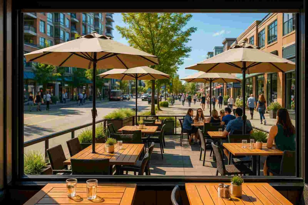 outdoor dining in coquitlam with umbrellas and tables | GPS: 49.352533, -122.689289