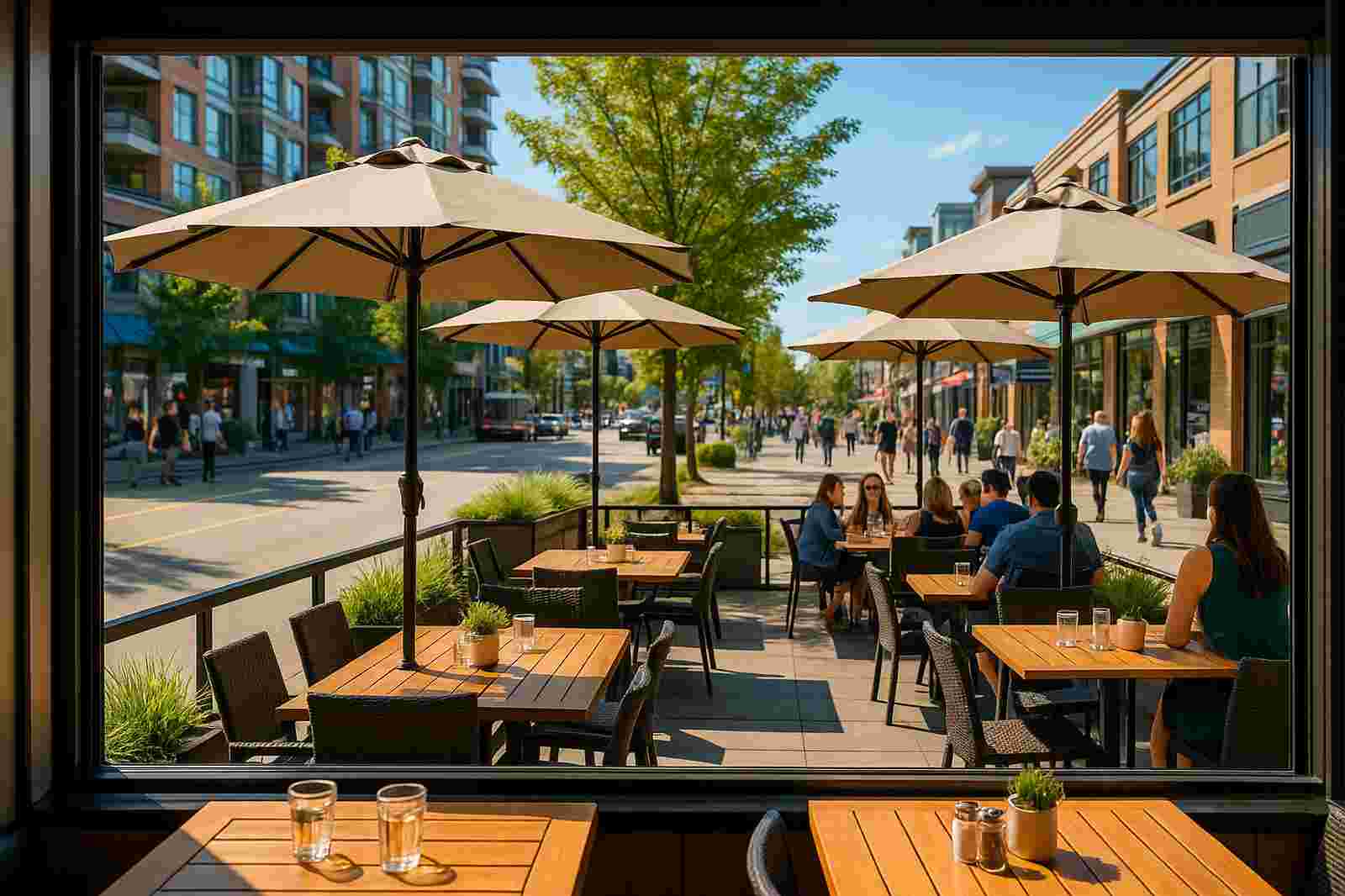outdoor dining in coquitlam with umbrellas and tables | GPS: 49.352533, -122.689289