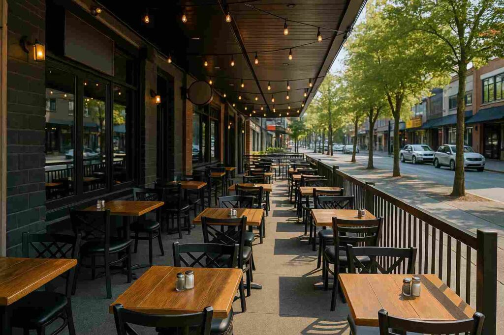 outdoor restaurant patio in coquitlam with tables | GPS: 49.344257, -122.701976