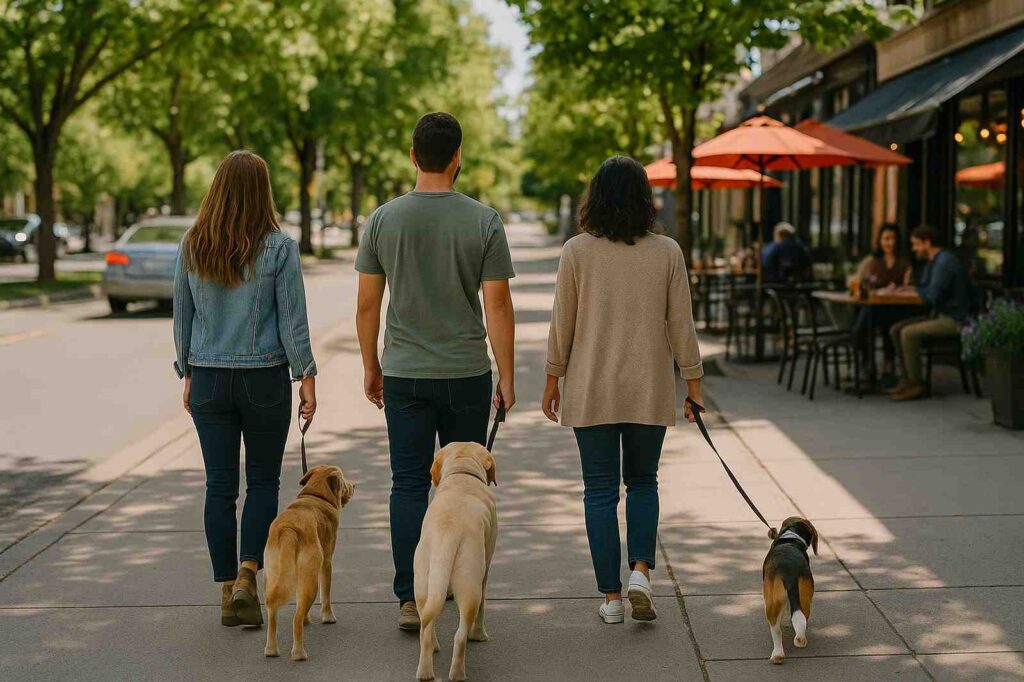 people walking dogs in local park urban street | GPS: 49.340872, -122.707166