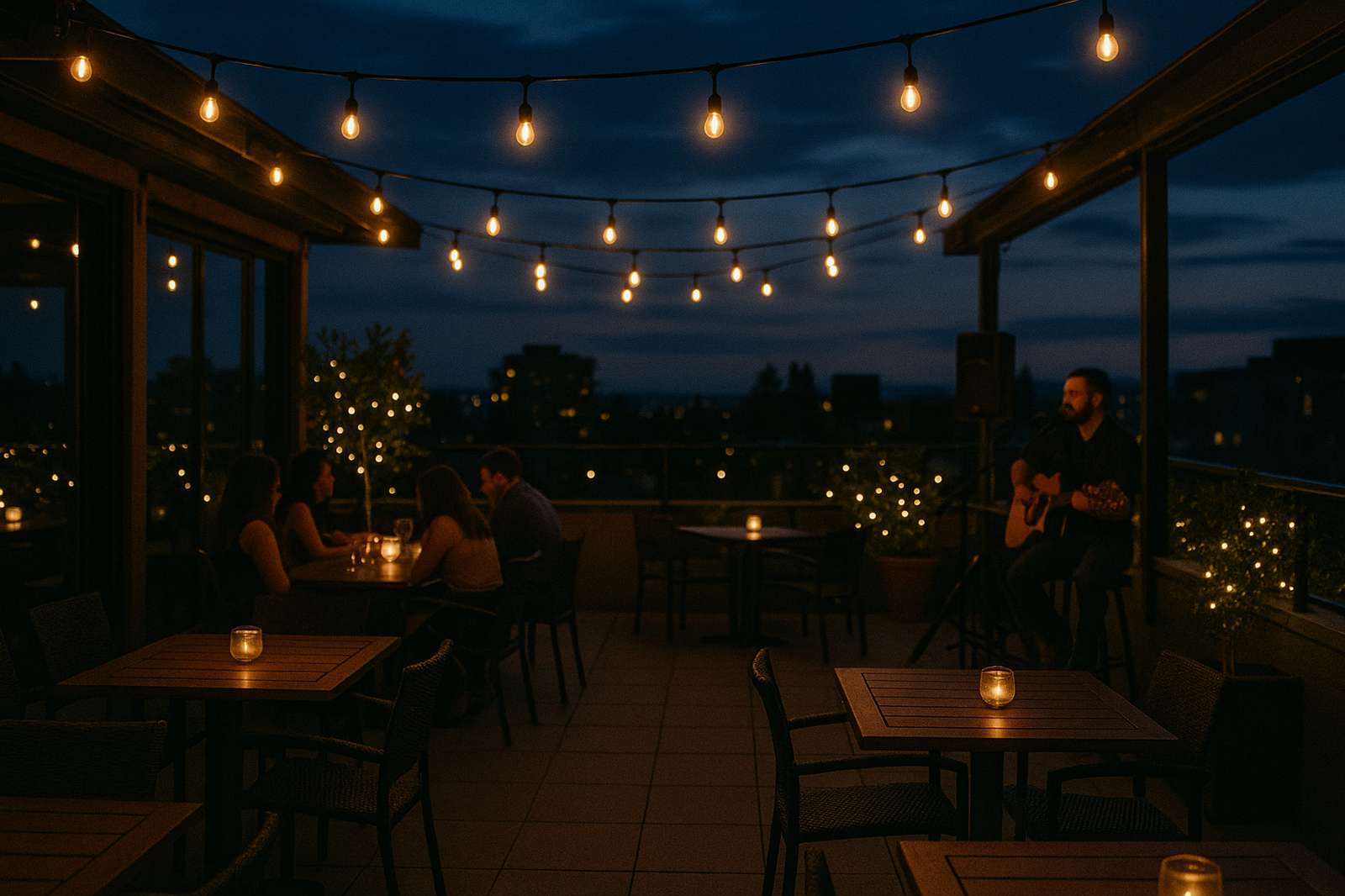 rooftop dining with local musician in evening light | GPS: 49.325663, -122.730480