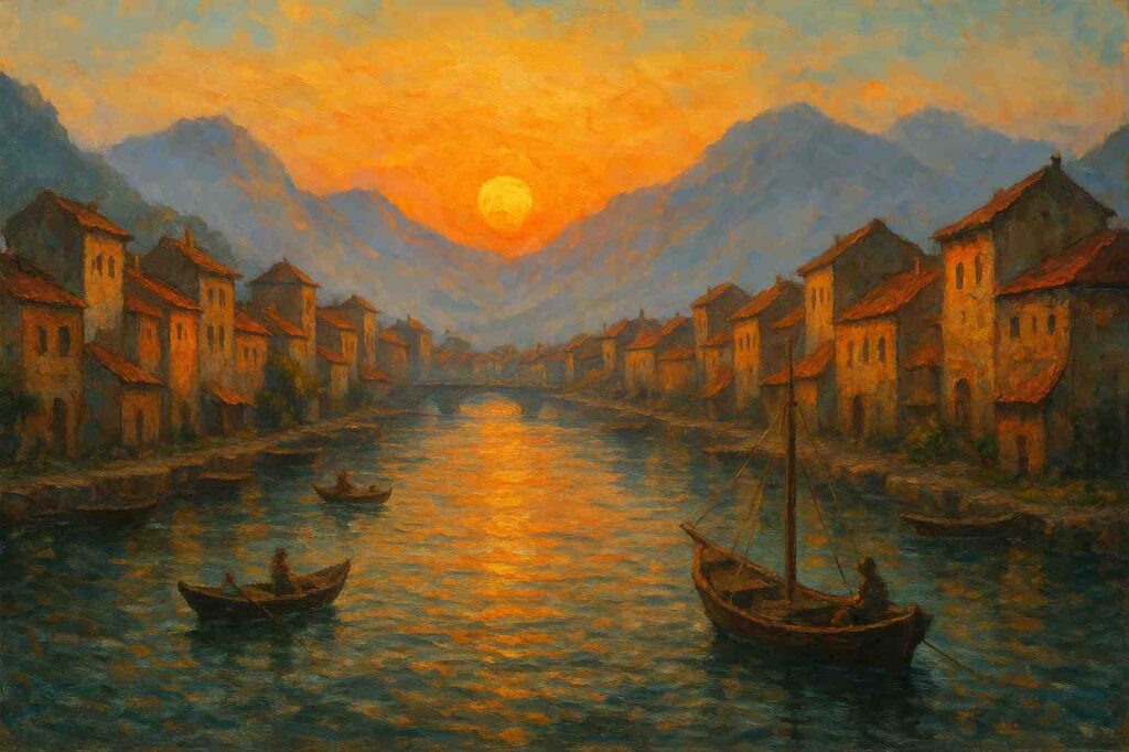 serene local sunset over river with boats and houses | GPS: 49.367253, -122.666723