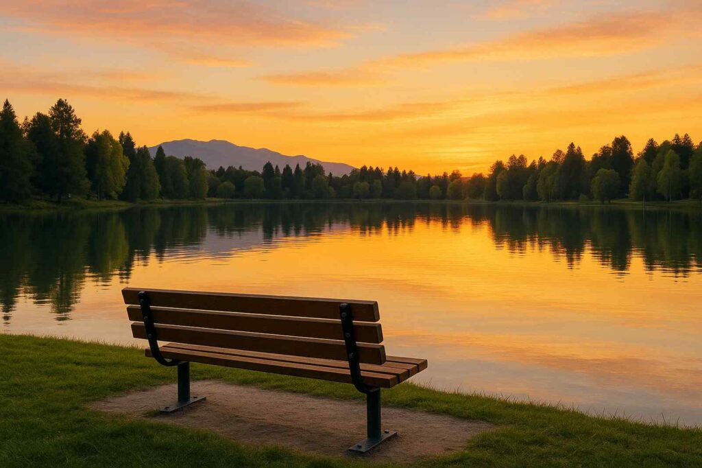 serene sunset view with bench directory Coquitlam Date Night Ideas serene sunset view with bench directory | GPS: 49.376113, -122.653142