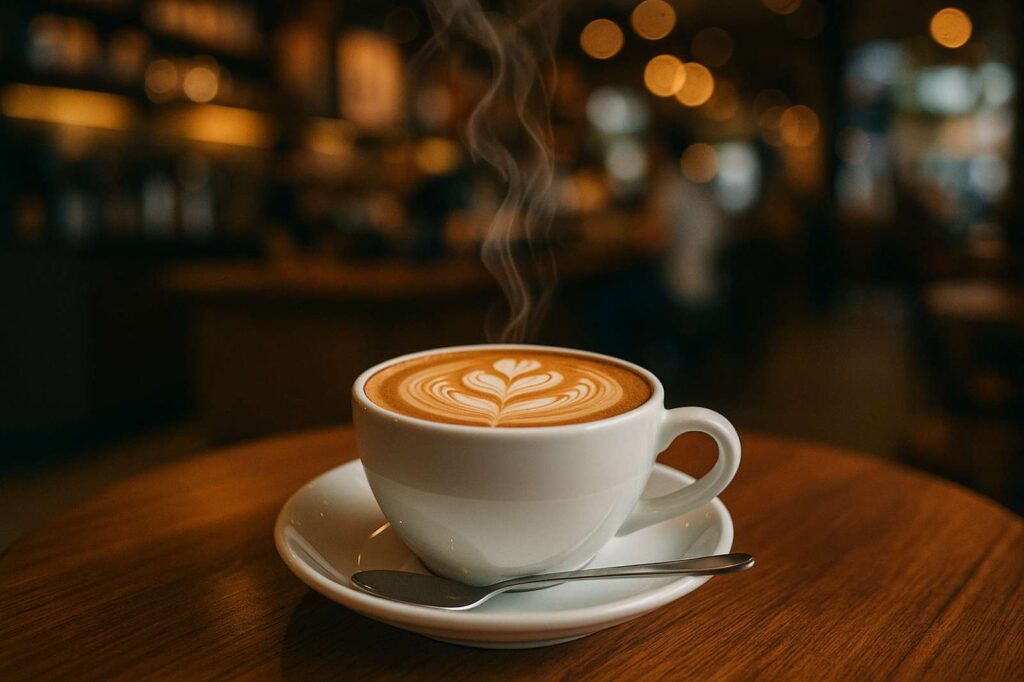 steaming coffee cup with latte art directory | GPS: 49.340015, -122.708479