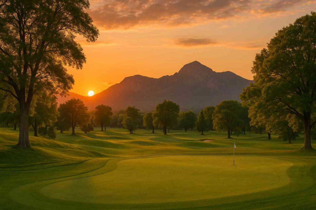 sunset over local golf course with mountains and trees | GPS: 49.331524, -122.721496