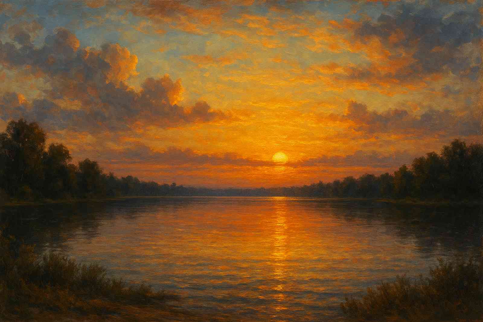 Golden light bathes a lake in Coquitlam, BC, reflecting the sunset under a sky filled with orange-tinged clouds. Trees line the distant shore.