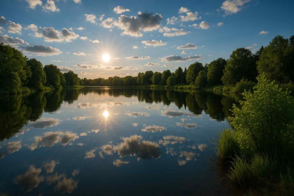 sunset reflection over lake with trees directory.jpg | GPS: 49.372402, -122.658831