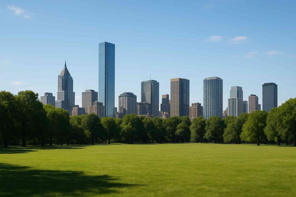 tall skyscrapers over green field coquitlam | GPS: 49.371980, -122.659477