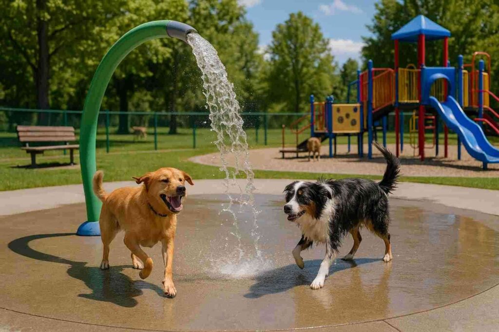 two dogs playing in local water splash park | GPS: 49.346095, -122.699158