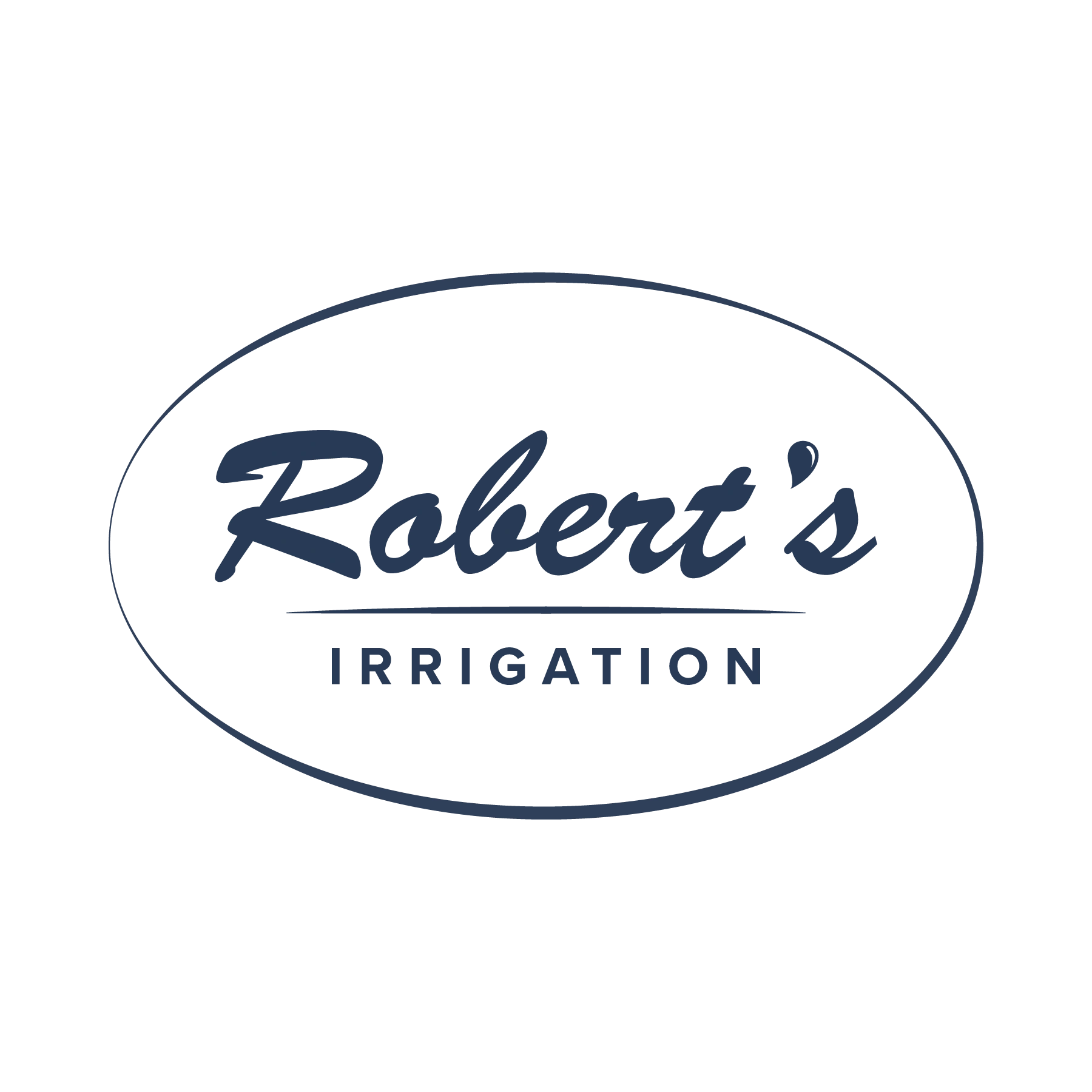 The logo for Robert's Irrigation features "Robert's" in cursive above "Irrigation" in block letters, all enclosed in an oval, Coquitlam BC.