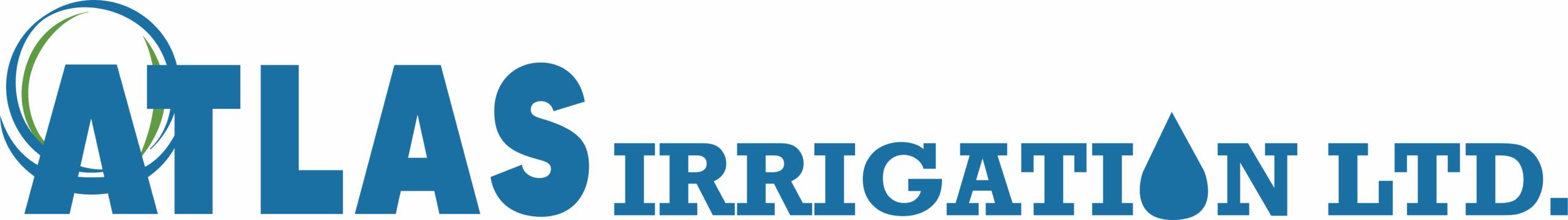 The logo for Atlas Irrigation LTD. in Coquitlam BC, is outlined in black on a blue background, featuring a green accent on the left, and a water drop replacing the letter "O" in Irrigation.