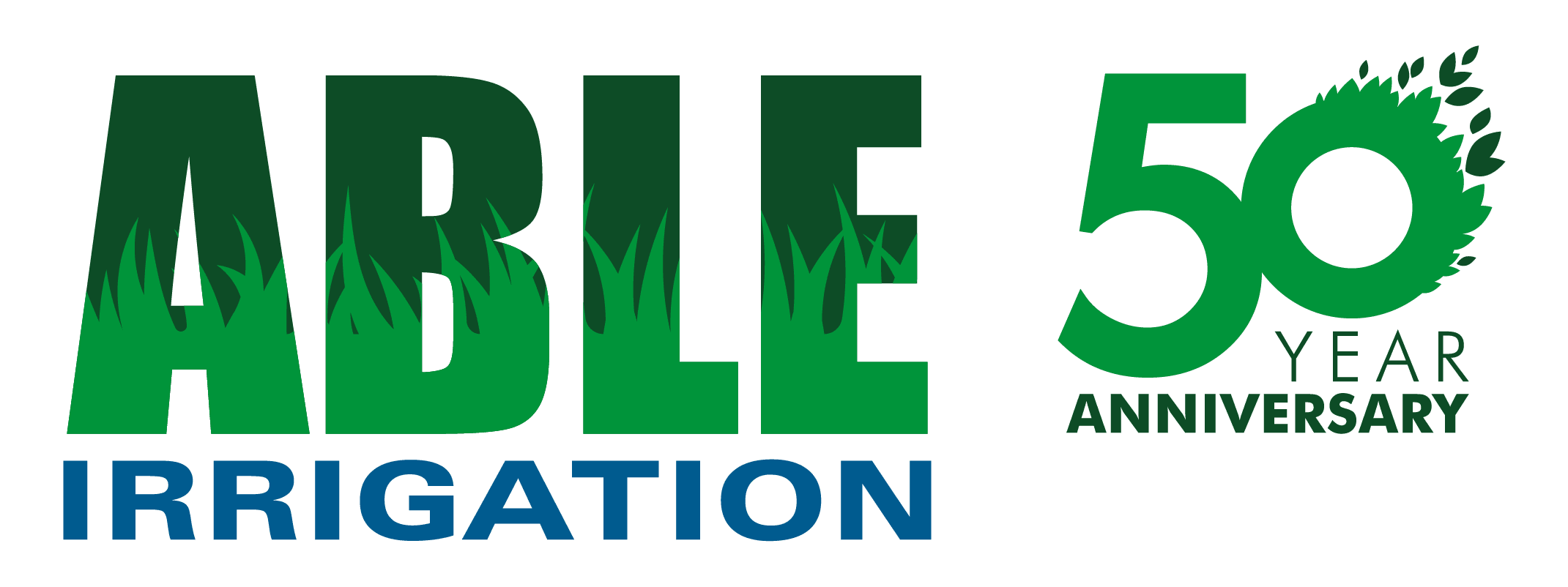 The graphic shows "ABLE IRRIGATION" with "50 YEAR ANNIVERSARY" for this Coquitlam BC business. The word "ABLE" is green, with grass blades extending into the letters, and "IRRIGATION" is in blue. The number "50" is also green, with leaves extending from the number zero.