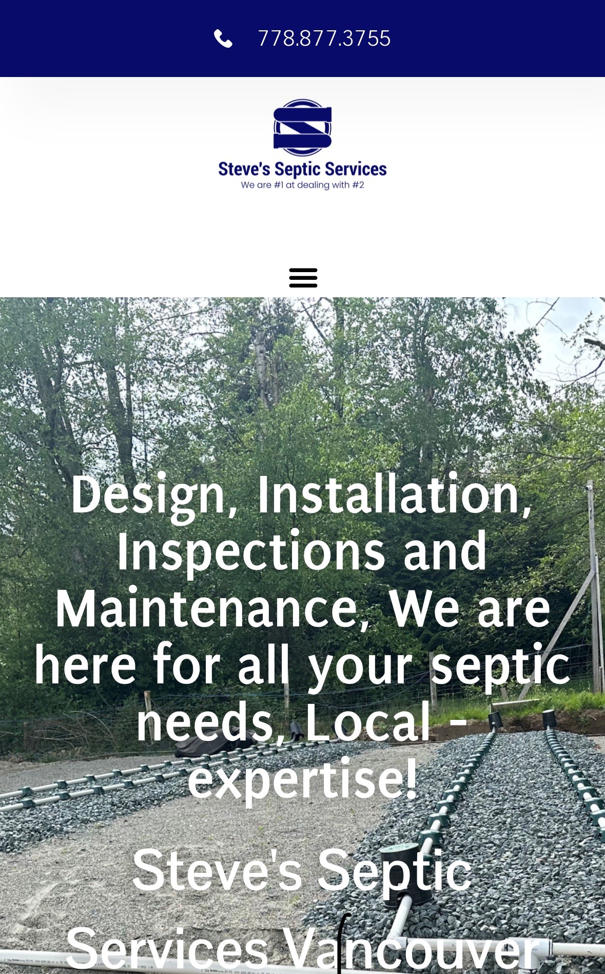 Septic field image displays text overlay: "Design, Installation, Inspections and Maintenance, We are here for all your septic needs, Local expertise! Steve's Septic Services Vancouver". The company provides services in Coquitlam BC.