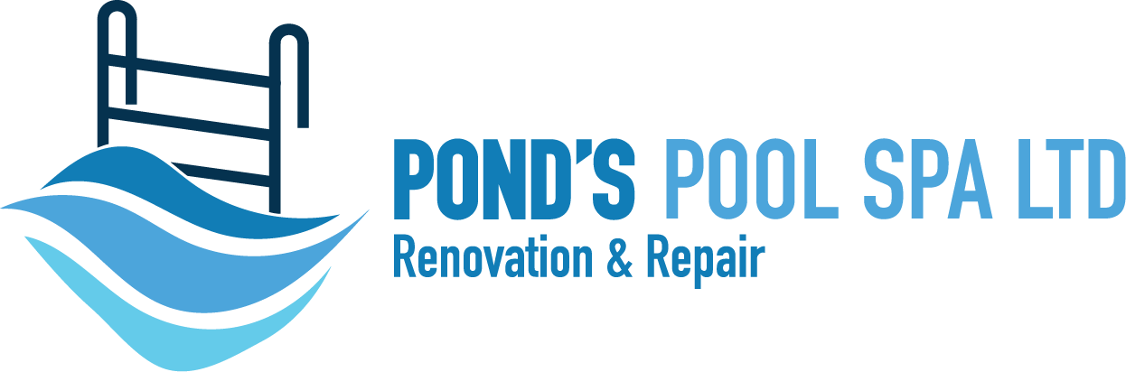 Logo for Pond's Pool Spa LTD in Coquitlam BC, with a dark blue ladder above light and dark blue stylized waves. The text reads "Renovation & Repair" below the company name.
