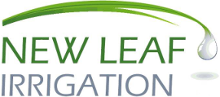 Logo for "New Leaf Irrigation" located in Coquitlam, BC, featuring stylized green grass arching over the green text, with "IRRIGATION" in gray underneath, and a water droplet falling off the grass.